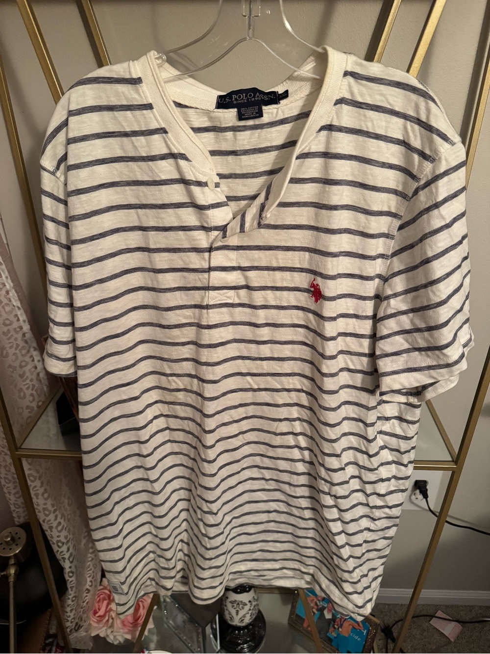 U.S. Polo Assn. White Stripe Short-Sleeve Tee with Red Logo